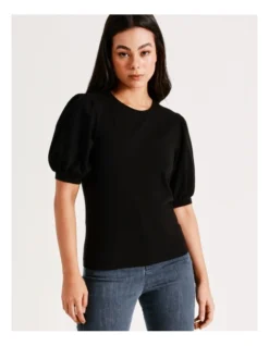Organic Cotton Blend Puff Sleeve Tee In Black