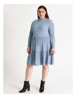 High Neck Rib Babydoll Mini Dress Faded Denim