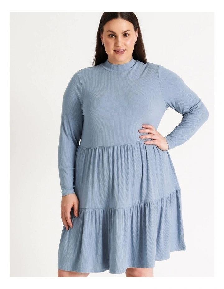 High Neck Rib Babydoll Mini Dress Faded Denim - Image 2