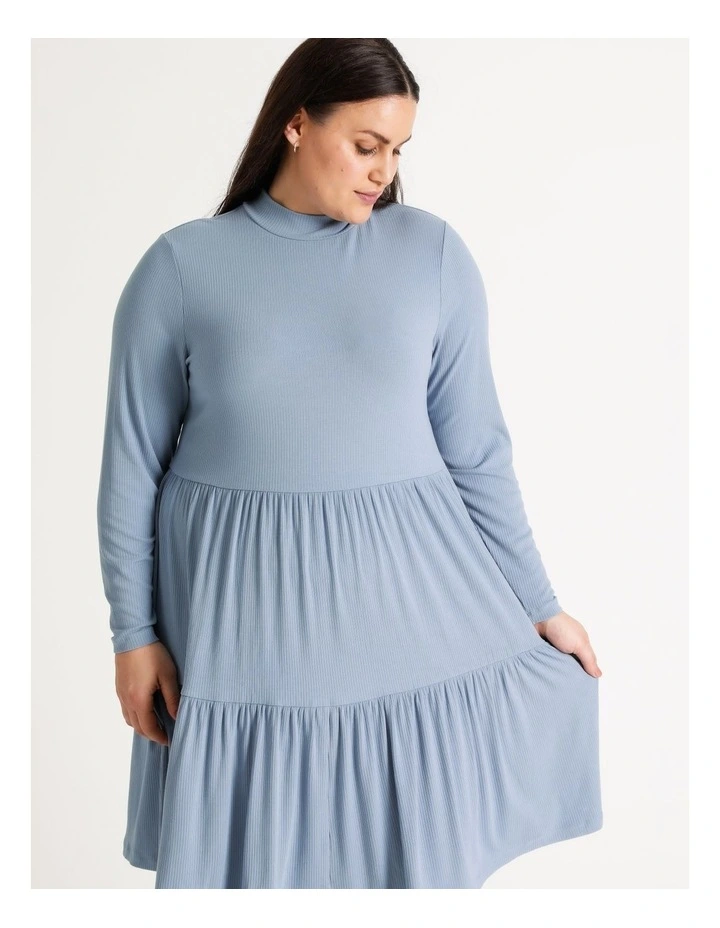 High Neck Rib Babydoll Mini Dress Faded Denim - Image 3