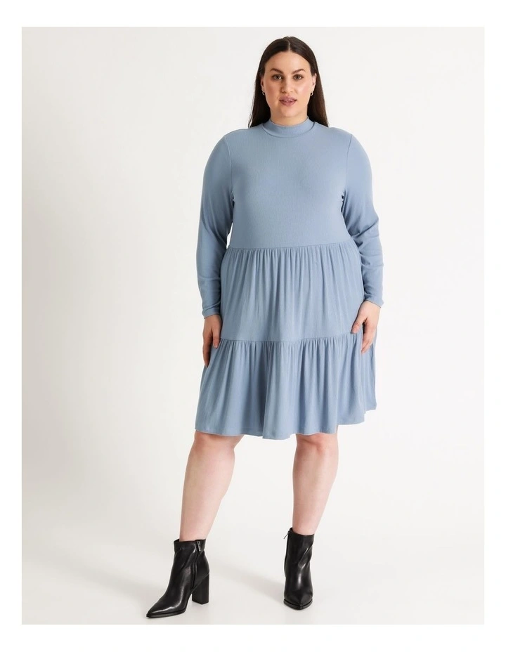 High Neck Rib Babydoll Mini Dress Faded Denim - Image 4