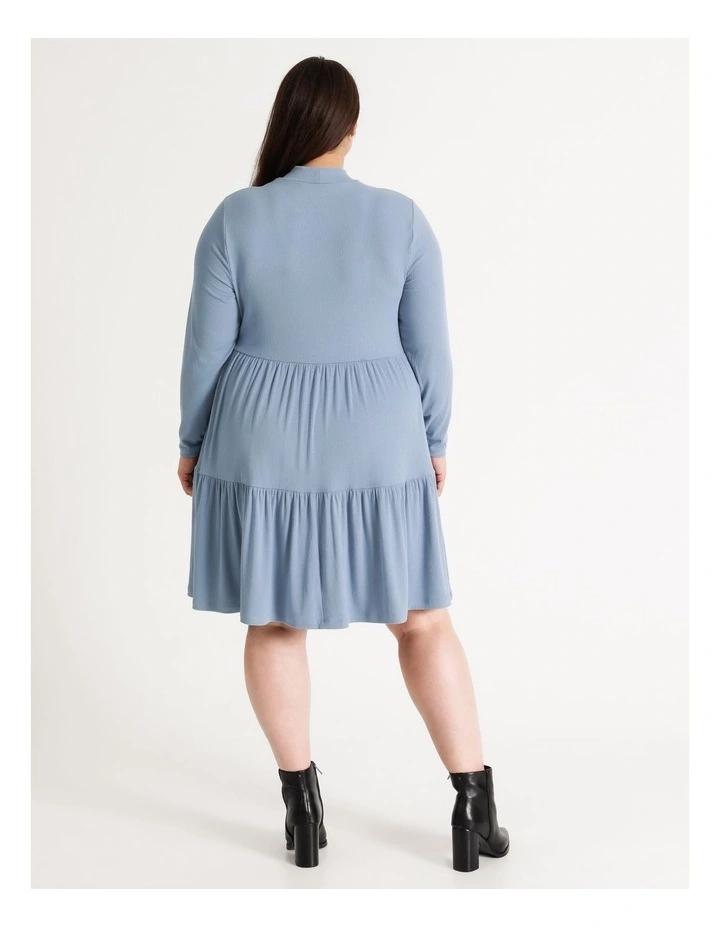 High Neck Rib Babydoll Mini Dress Faded Denim - Image 5