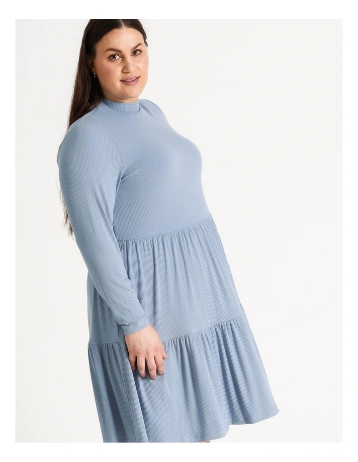 High Neck Rib Babydoll Mini Dress Faded Denim - Image 6