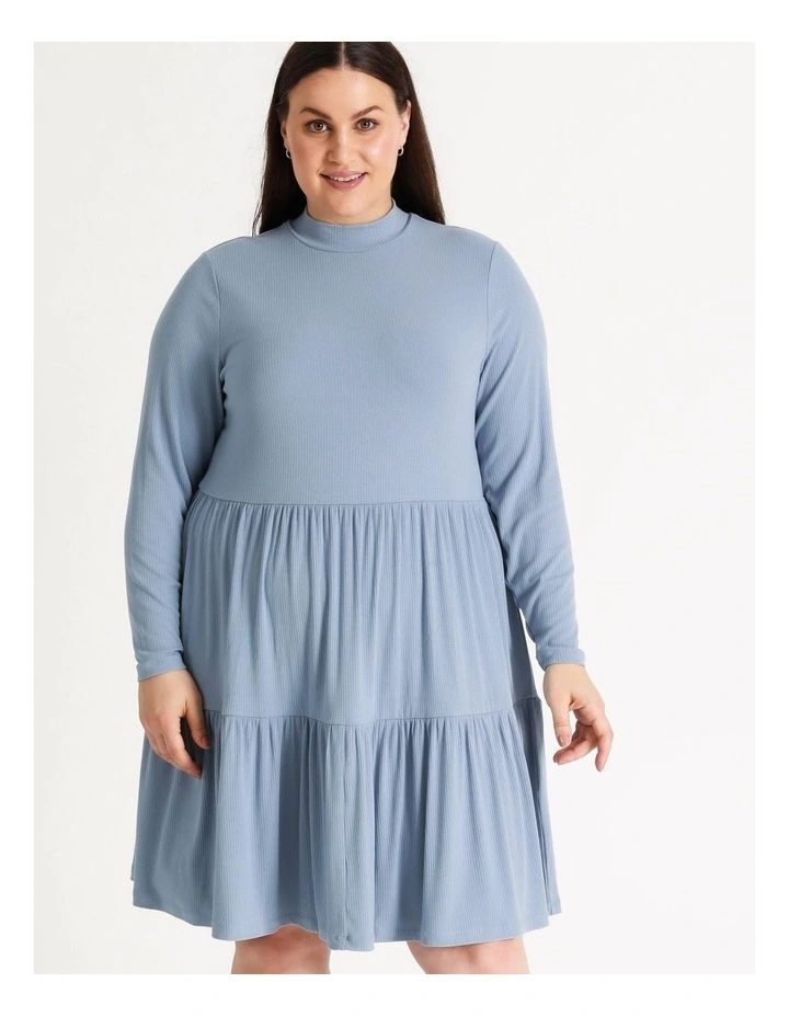 High Neck Rib Babydoll Mini Dress Faded Denim - Image 7