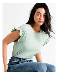Organic Cotton Frill Sleeve T-Shirt In Sage