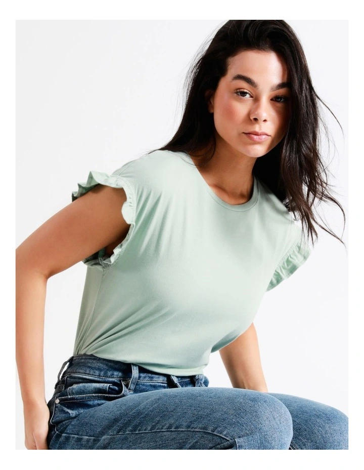 Organic Cotton Frill Sleeve T-Shirt In Sage