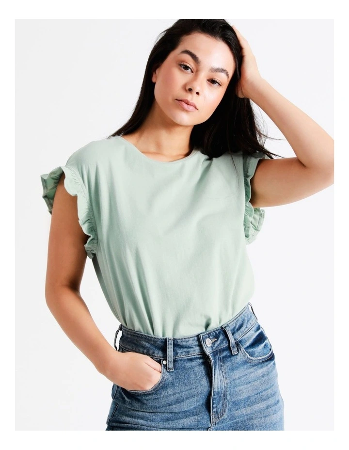Organic Cotton Frill Sleeve T-Shirt In Sage - Image 4