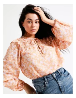 Long Sleeve Shirred Yoke Blouse In Apricot