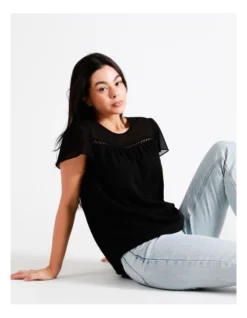 Ladder Trim Flutter Sleeve Recycled Blend Top In Black