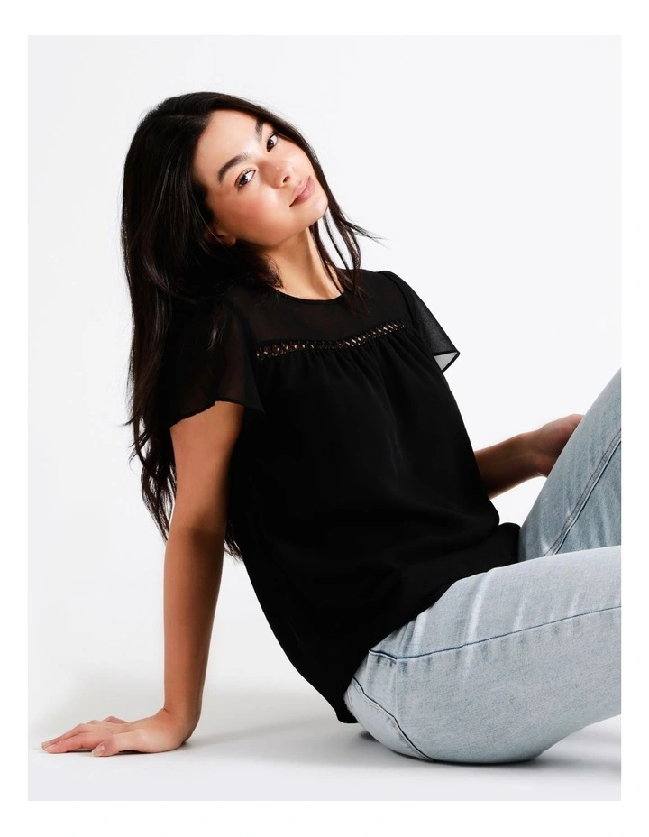 Ladder Trim Flutter Sleeve Recycled Blend Top In Black - Image 2