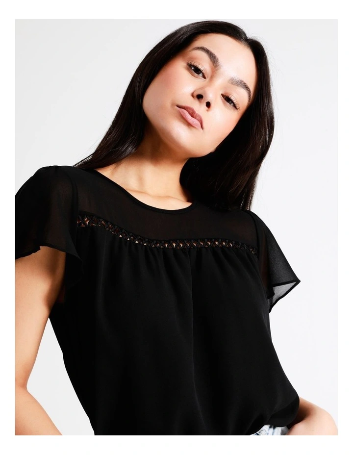 Ladder Trim Flutter Sleeve Recycled Blend Top In Black - Image 3