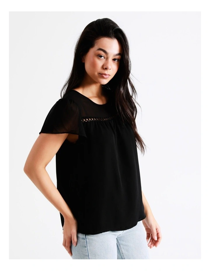 Ladder Trim Flutter Sleeve Recycled Blend Top In Black - Image 4