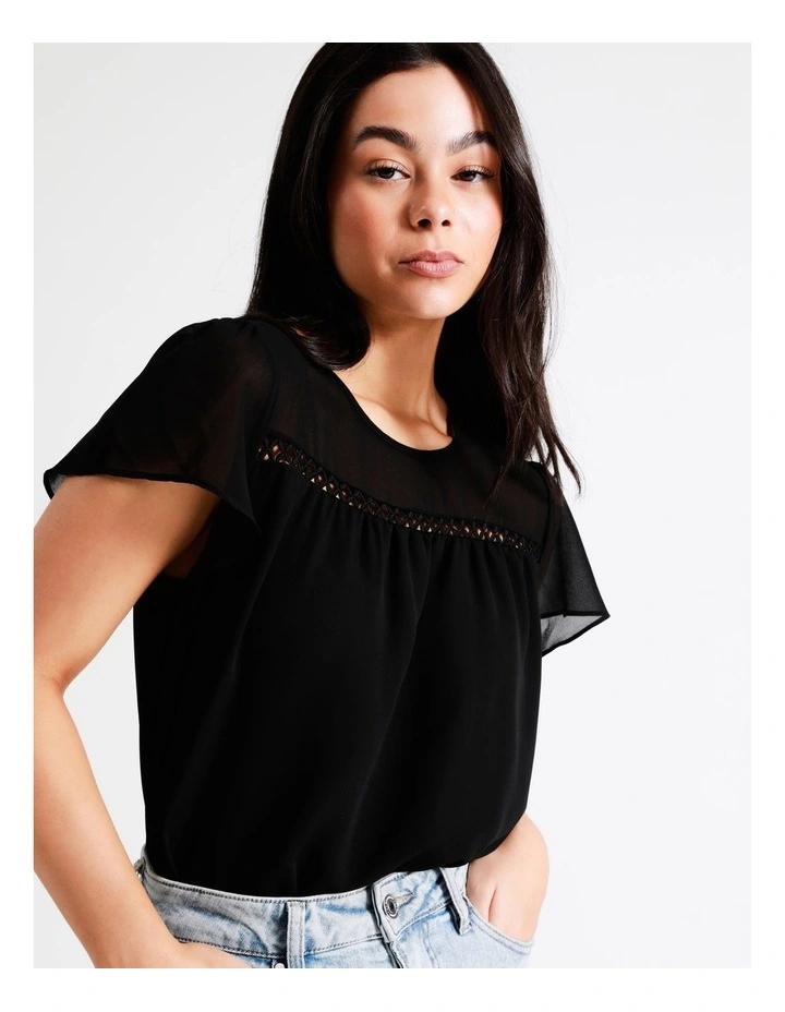 Ladder Trim Flutter Sleeve Recycled Blend Top In Black - Image 5