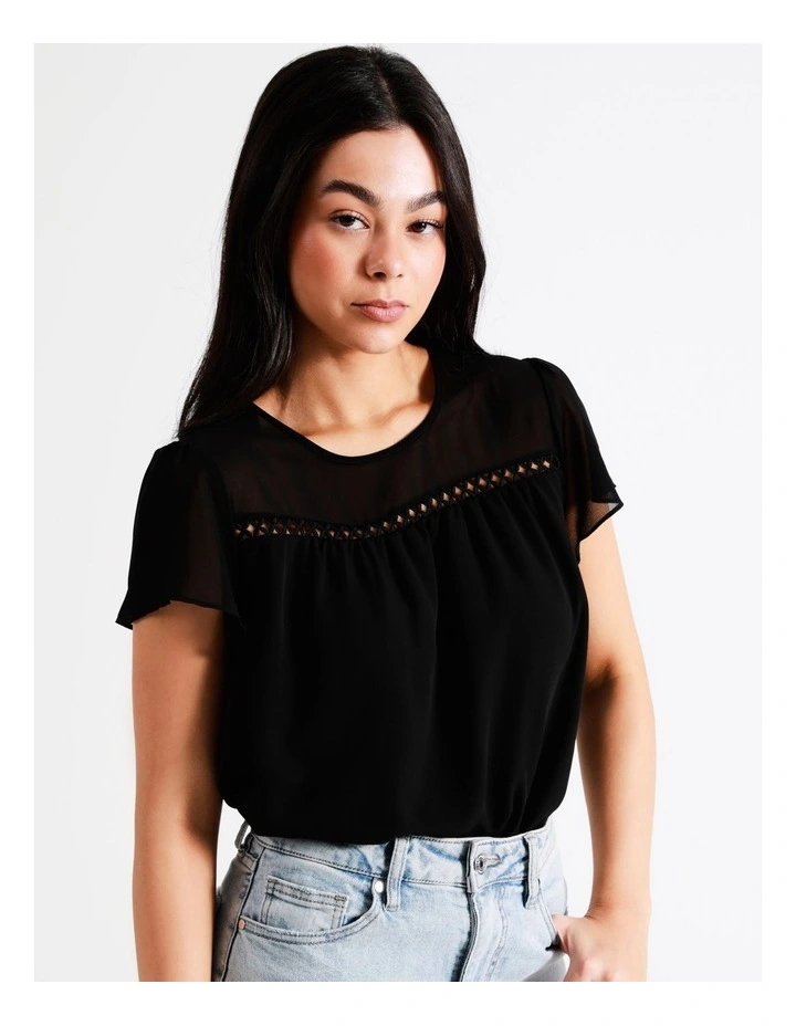 Ladder Trim Flutter Sleeve Recycled Blend Top In Black - Image 6