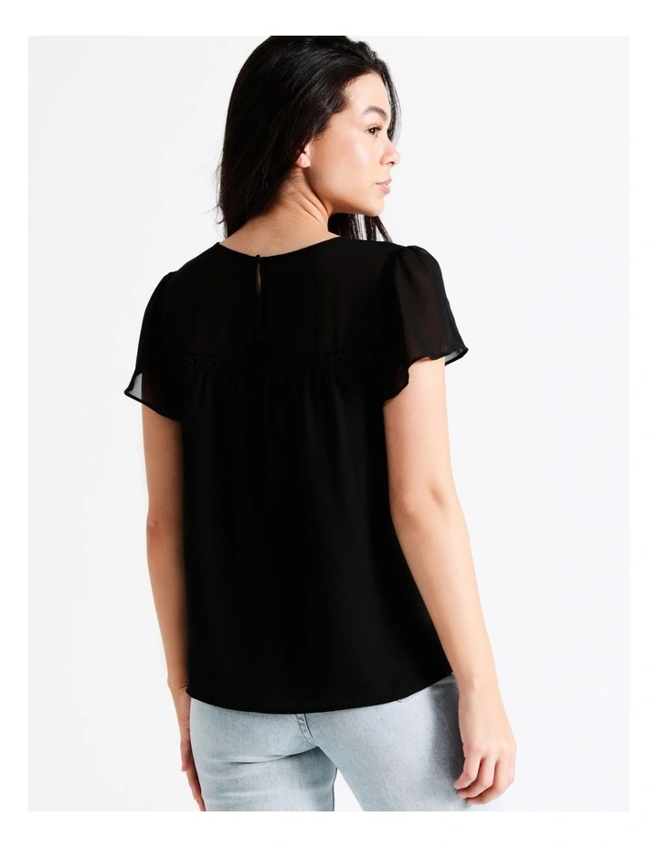 Ladder Trim Flutter Sleeve Recycled Blend Top In Black - Image 7