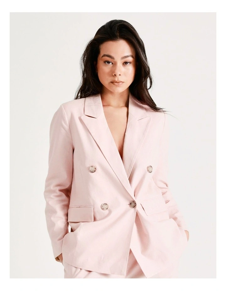 Double Breasted Blazer European Linen Blend In Blush Pink - Image 2