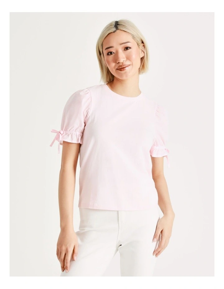 Petite Poplin Puff Sleeve Organic Cotton Blend Tee In Blush - Image 3
