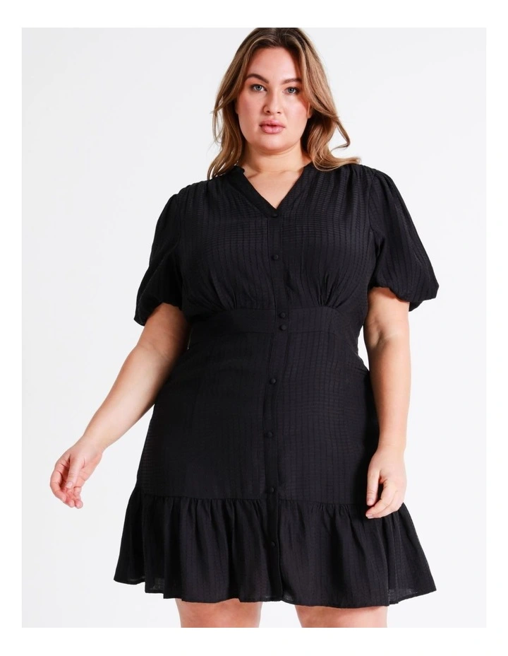 Button Front Puff Sleeve Mini Dress In Navy