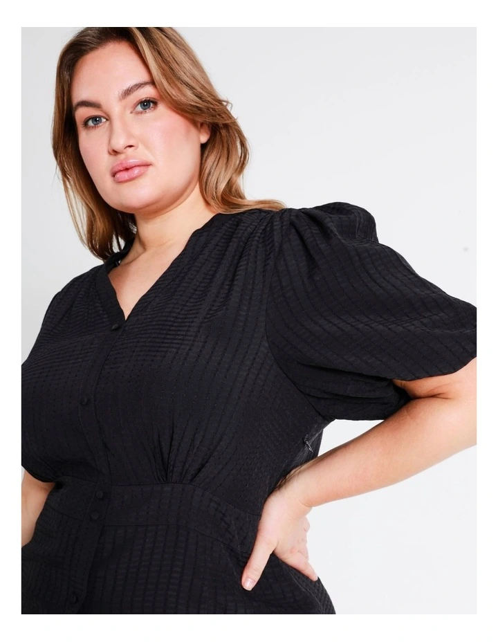 Button Front Puff Sleeve Mini Dress In Navy - Image 2