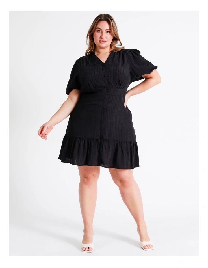 Button Front Puff Sleeve Mini Dress In Navy - Image 3