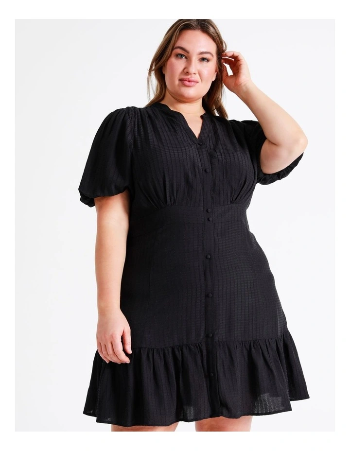 Button Front Puff Sleeve Mini Dress In Navy - Image 4