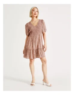 Petite Shirred Bodice Tiered Mini Dress In Rust/White