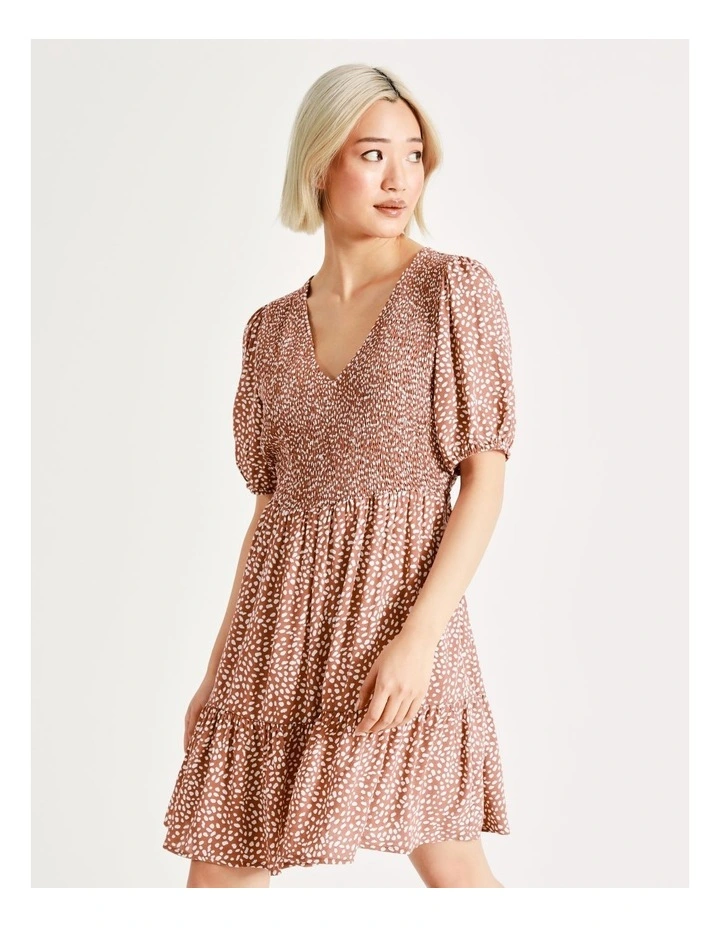 Petite Shirred Bodice Tiered Mini Dress In Rust/White - Image 4