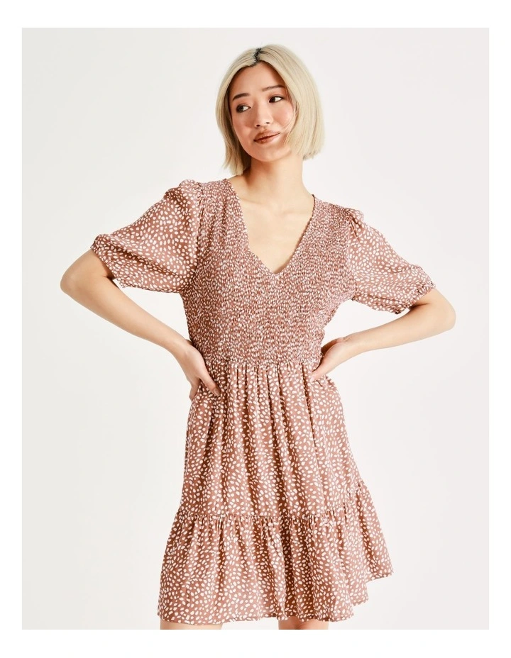 Petite Shirred Bodice Tiered Mini Dress In Rust/White - Image 6