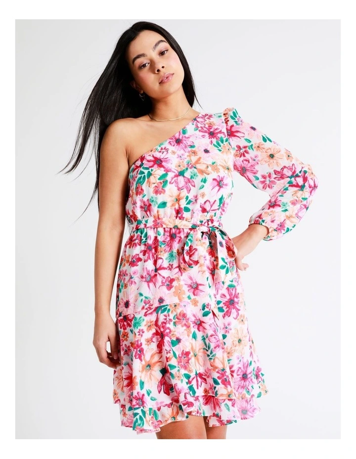 One Shoulder Flounce Recycled Mini Dress In Assorted