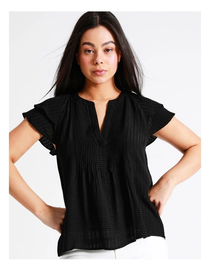 Pintuck Flutter Sleeve Top In Black