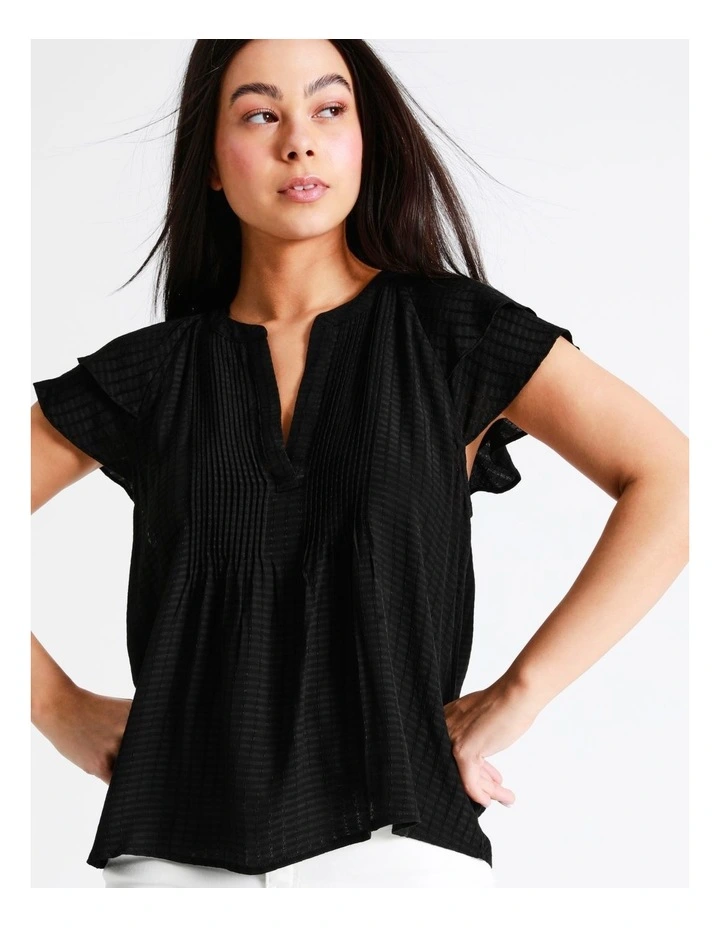 Pintuck Flutter Sleeve Top In Black - Image 4