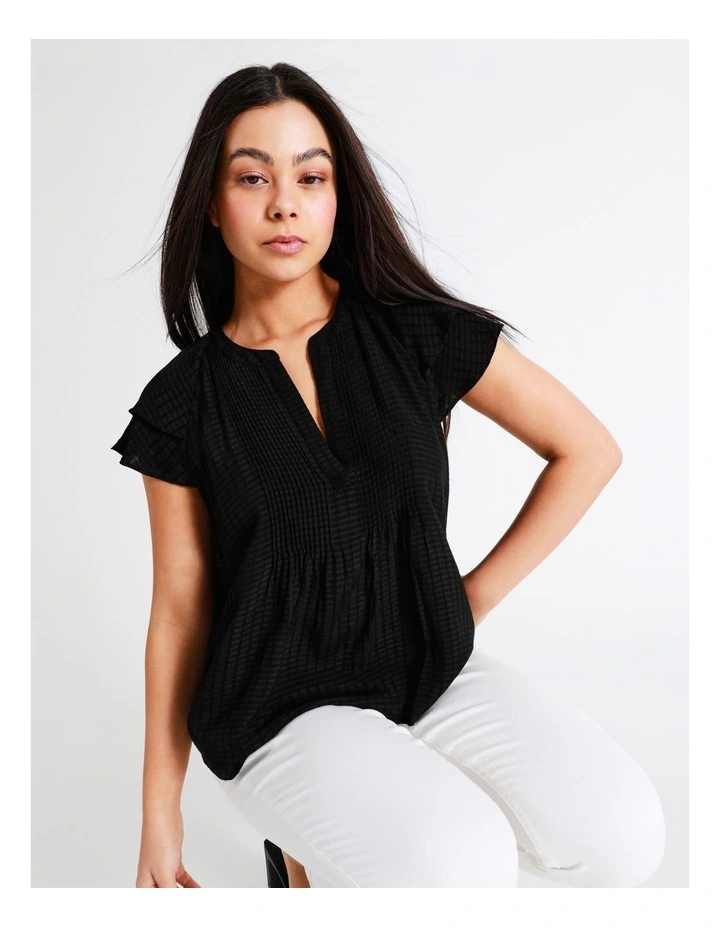 Pintuck Flutter Sleeve Top In Black - Image 6