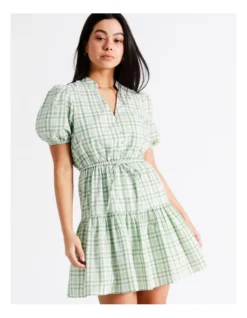 Puff Sleeve Check Recycled Cotton Blend Mini Dress In Sage