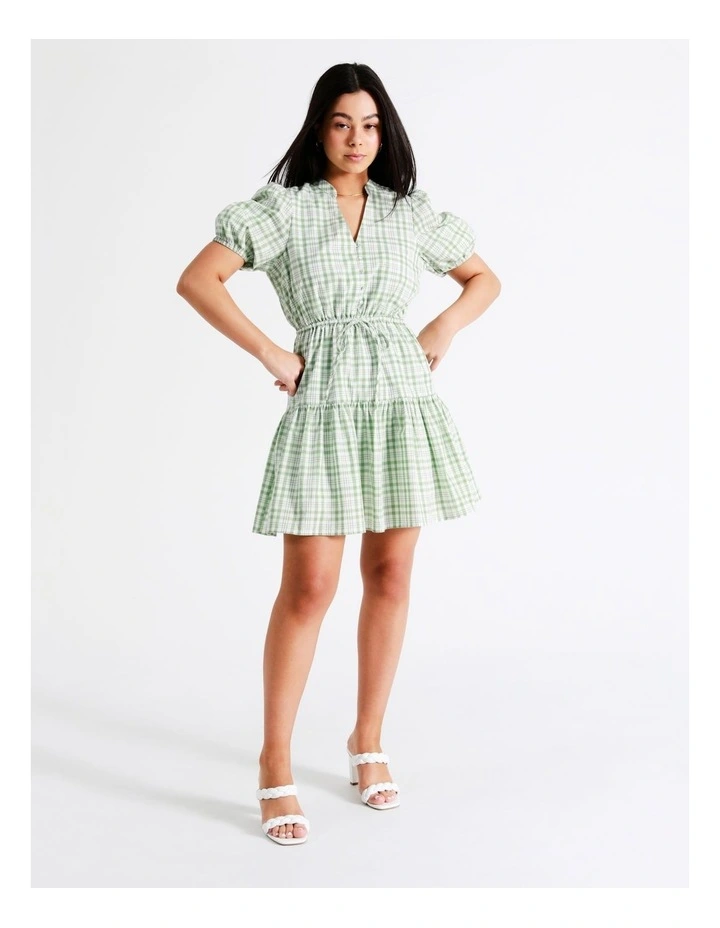Puff Sleeve Check Recycled Cotton Blend Mini Dress In Sage - Image 2