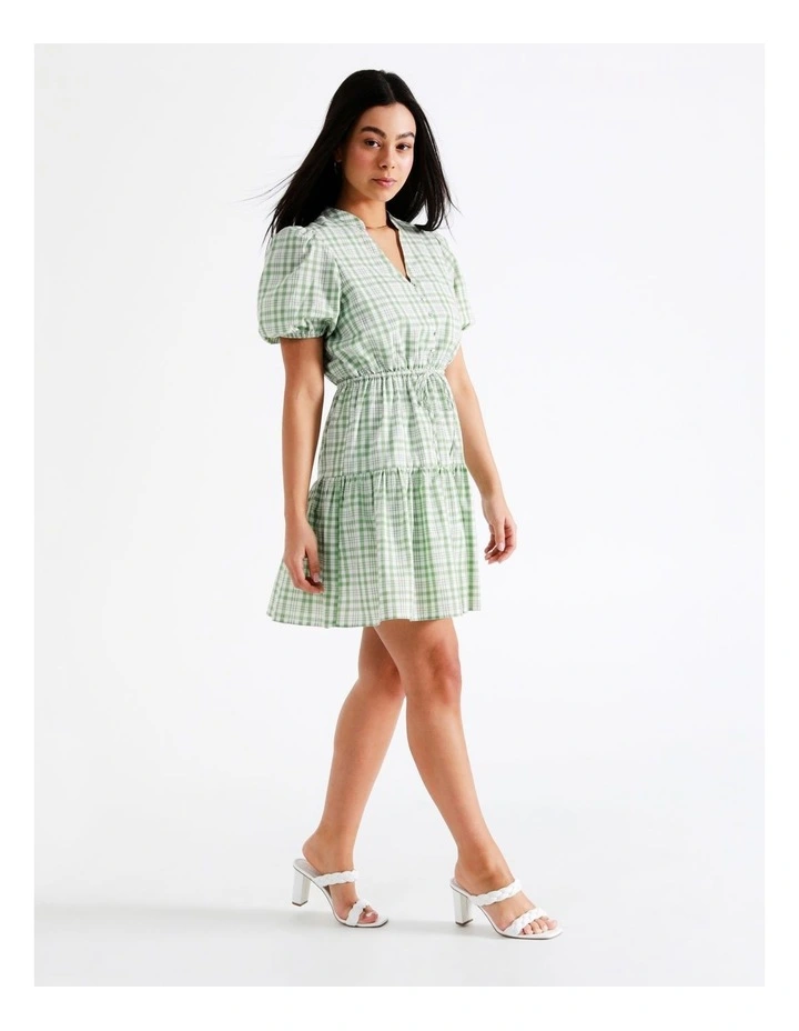 Puff Sleeve Check Recycled Cotton Blend Mini Dress In Sage - Image 3