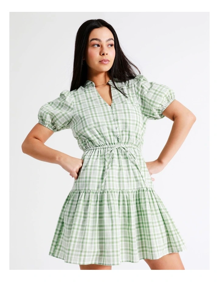 Puff Sleeve Check Recycled Cotton Blend Mini Dress In Sage - Image 4