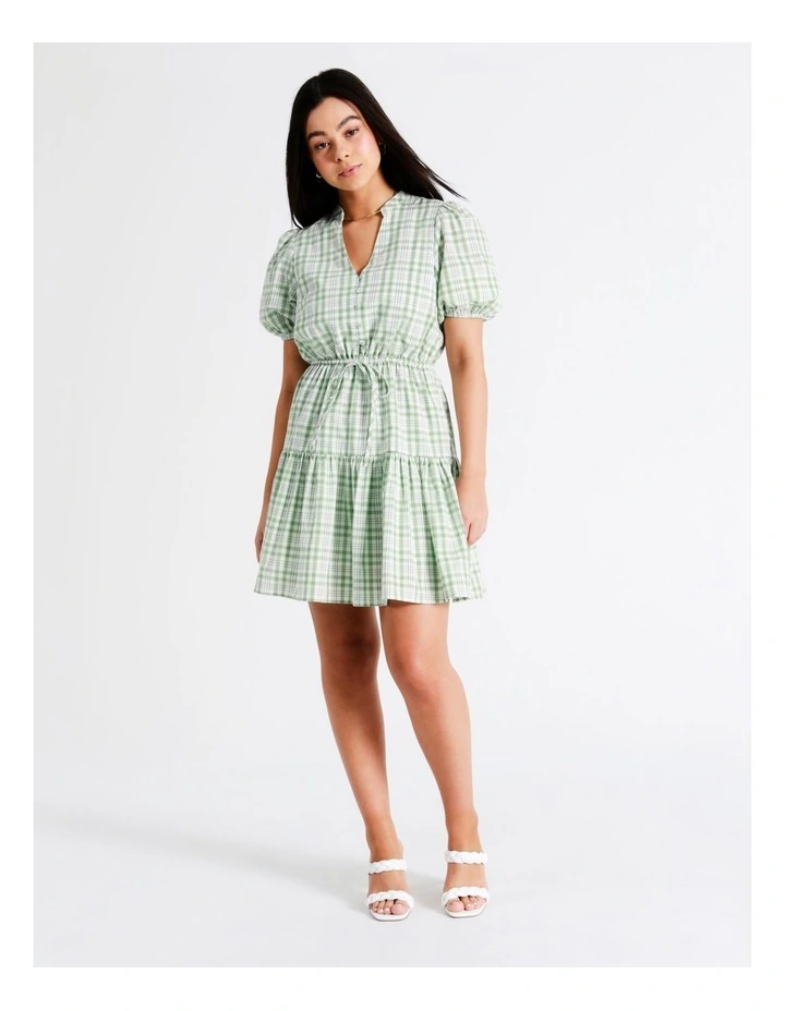 Puff Sleeve Check Recycled Cotton Blend Mini Dress In Sage - Image 5
