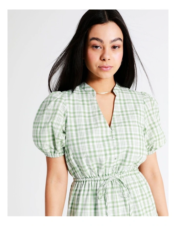 Puff Sleeve Check Recycled Cotton Blend Mini Dress In Sage - Image 6