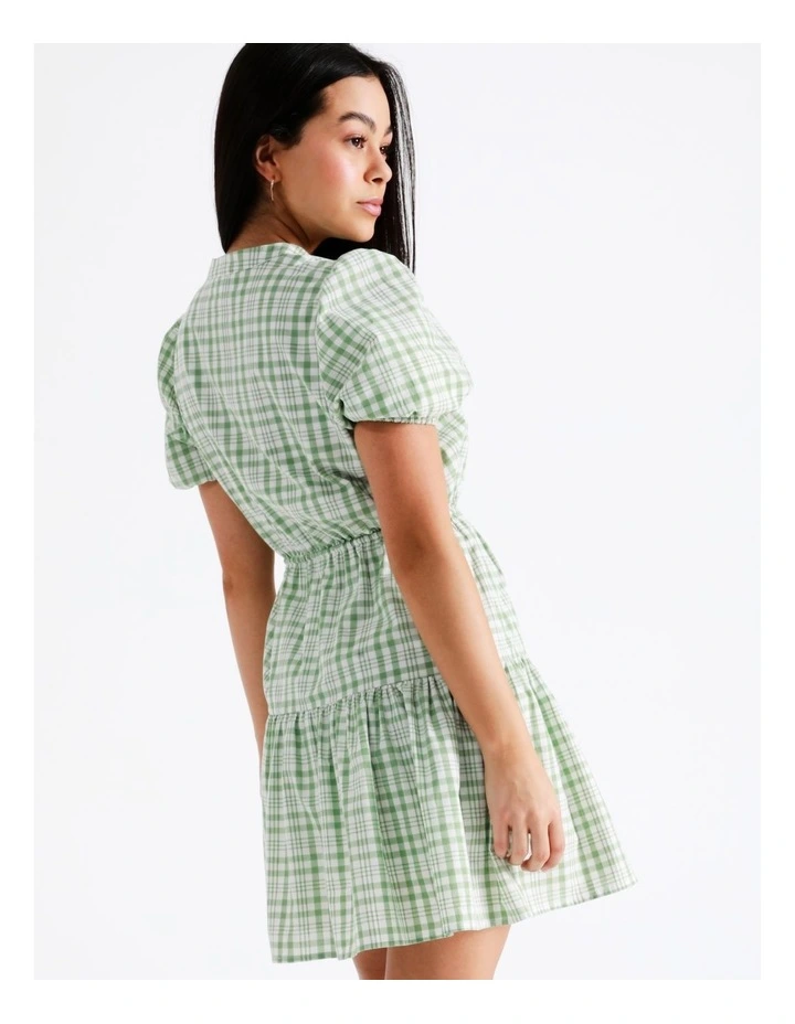 Puff Sleeve Check Recycled Cotton Blend Mini Dress In Sage - Image 7