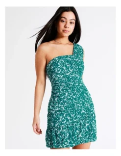 Ruched Detail One Shoulder Recycled Mini Dress In Dark Green