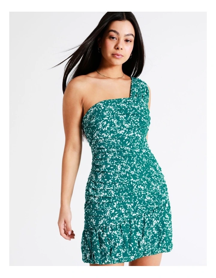 Ruched Detail One Shoulder Recycled Mini Dress In Dark Green