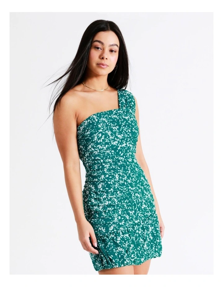 Ruched Detail One Shoulder Recycled Mini Dress In Dark Green - Image 4