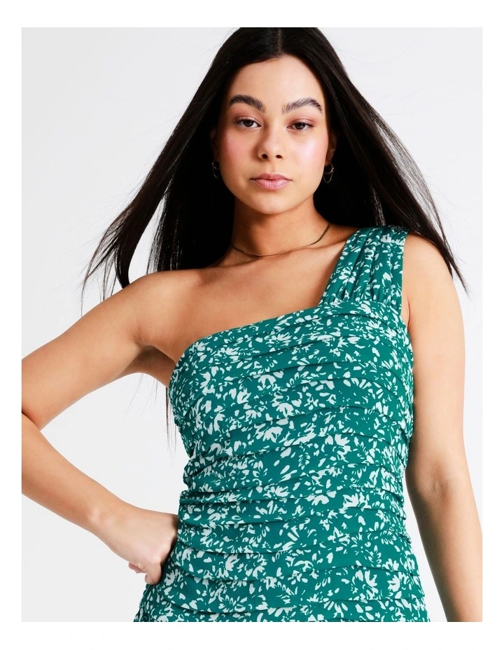 Ruched Detail One Shoulder Recycled Mini Dress In Dark Green - Image 5