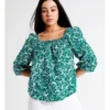 Relaxed Printed European Linen Top In Dark Green