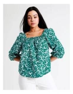 Relaxed Printed European Linen Top In Dark Green