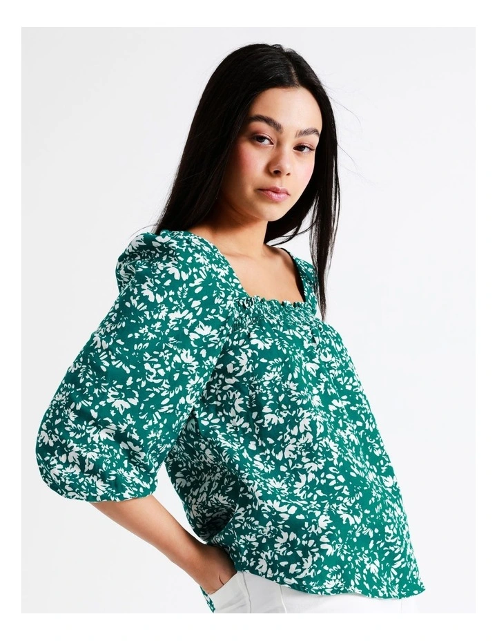 Relaxed Printed European Linen Top In Dark Green - Image 2