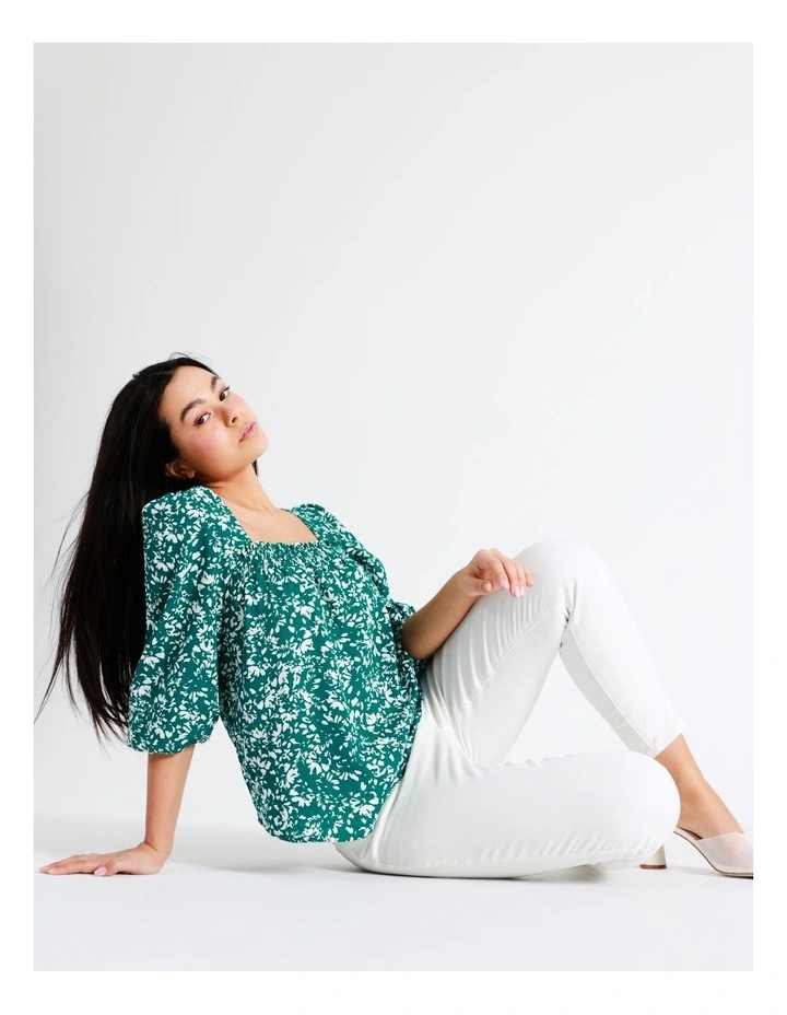 Relaxed Printed European Linen Top In Dark Green - Image 4