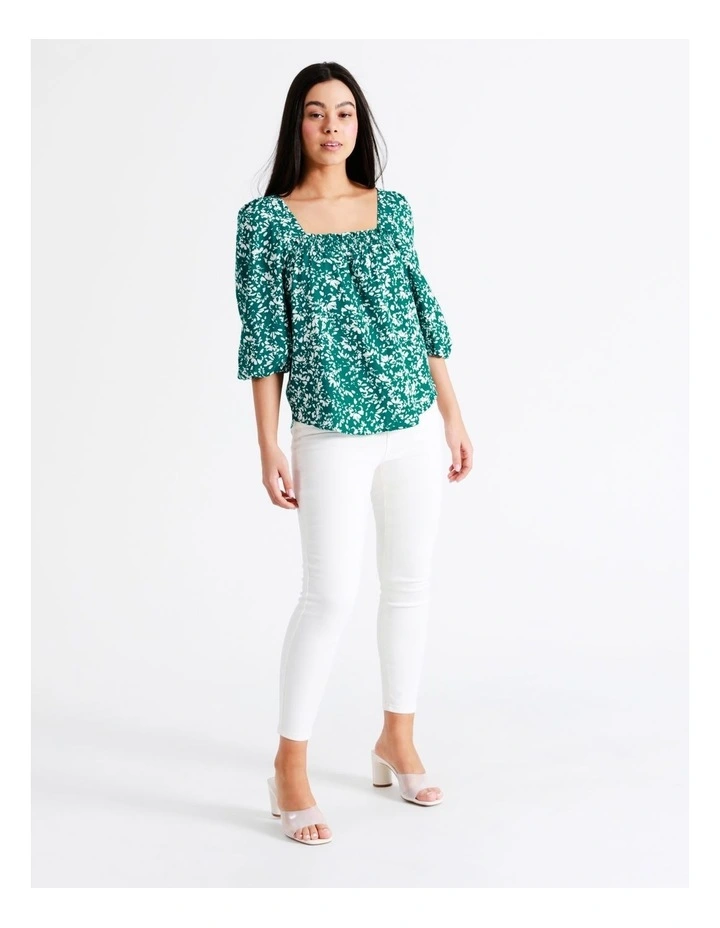 Relaxed Printed European Linen Top In Dark Green - Image 5