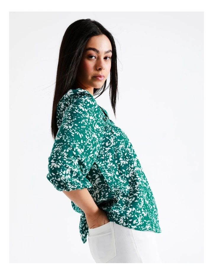 Relaxed Printed European Linen Top In Dark Green - Image 6