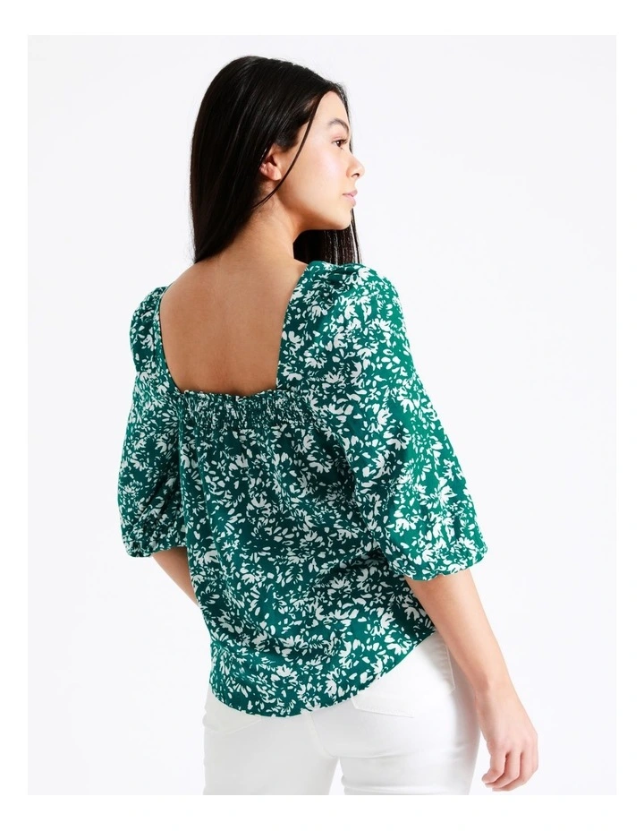 Relaxed Printed European Linen Top In Dark Green - Image 7